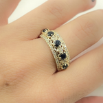 Load image into Gallery viewer, 14K Solid Yellow Gold Diamond and Blue Sapphire Band Ring.