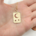 Load image into Gallery viewer, 14K Solid Gold Rectangular Charm with Moon and Stars in Diamond and Gemstones. GDP526