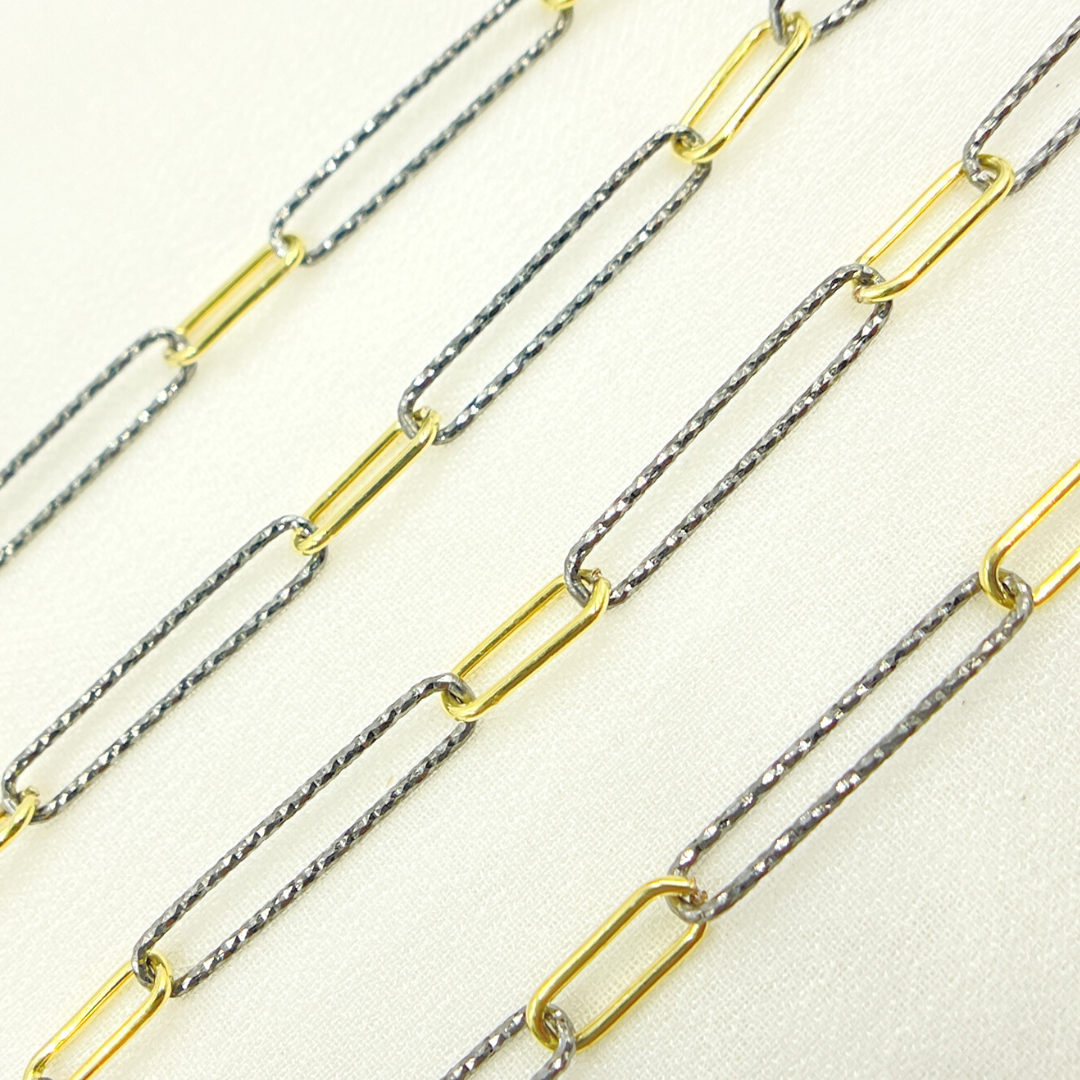 925 Sterling Silver Oxidized, Gold Plated Paperclip Smooth Link & Diamond Cut Link Chain. V3GB2
