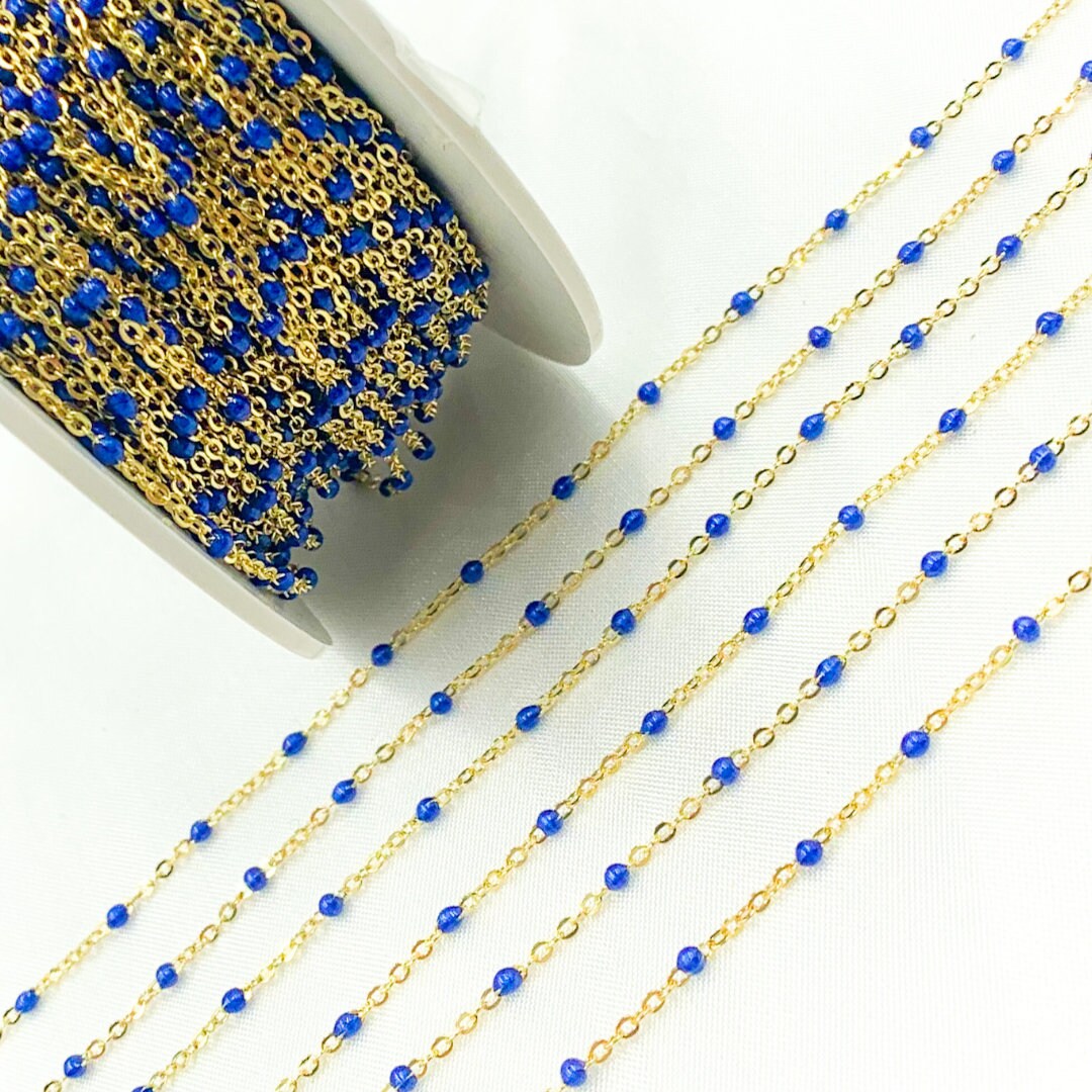 Gold Plated 925 Sterling Silver Enamel Blue Color Cable Chain. V203BLGP