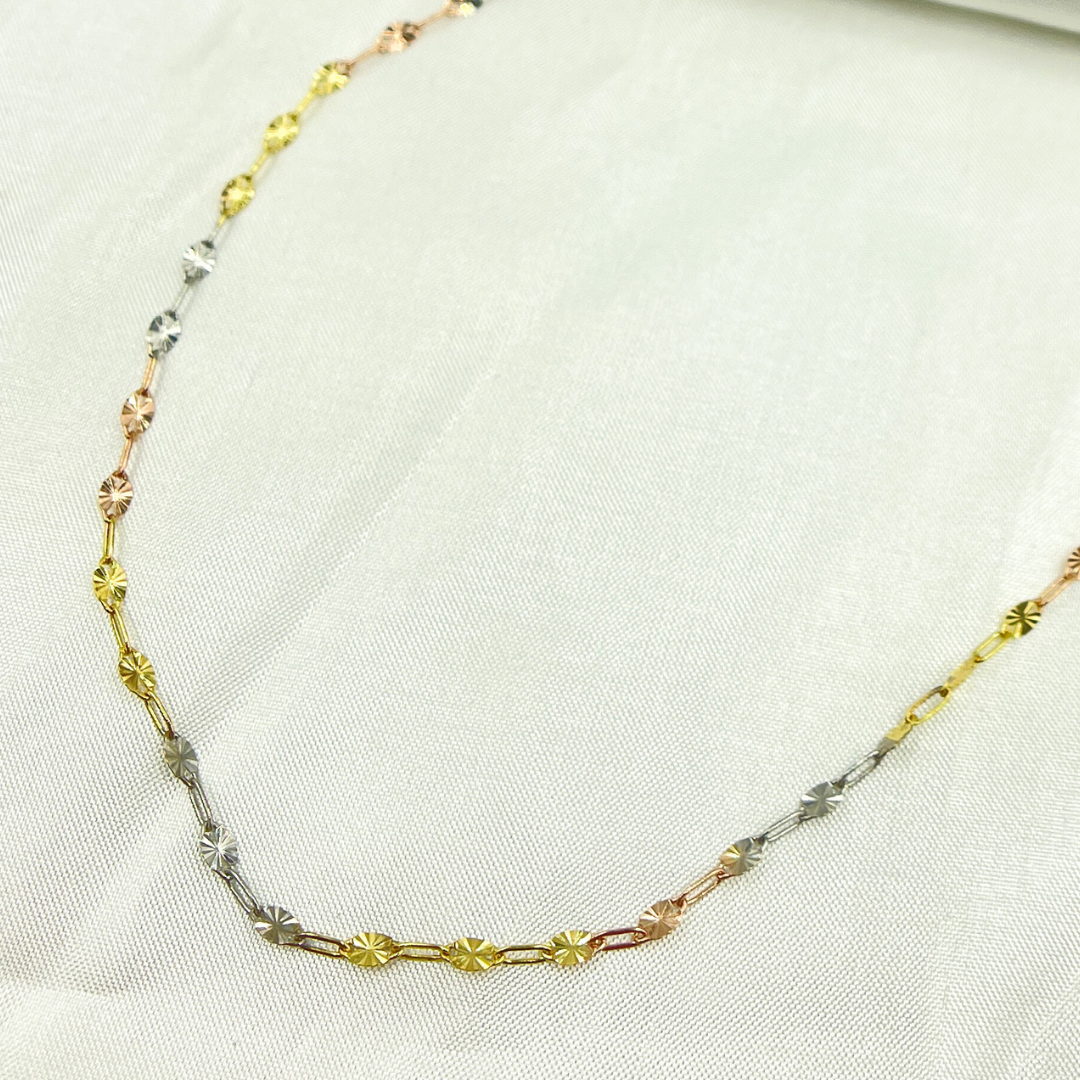 14K Solid Tri-Color Diamond Cut Marina Link and Smooth Oval Link Chain