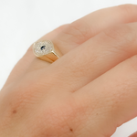Load image into Gallery viewer, 14k Solid Yellow Gold Diamond and Sapphire Evil Eye Ring.
