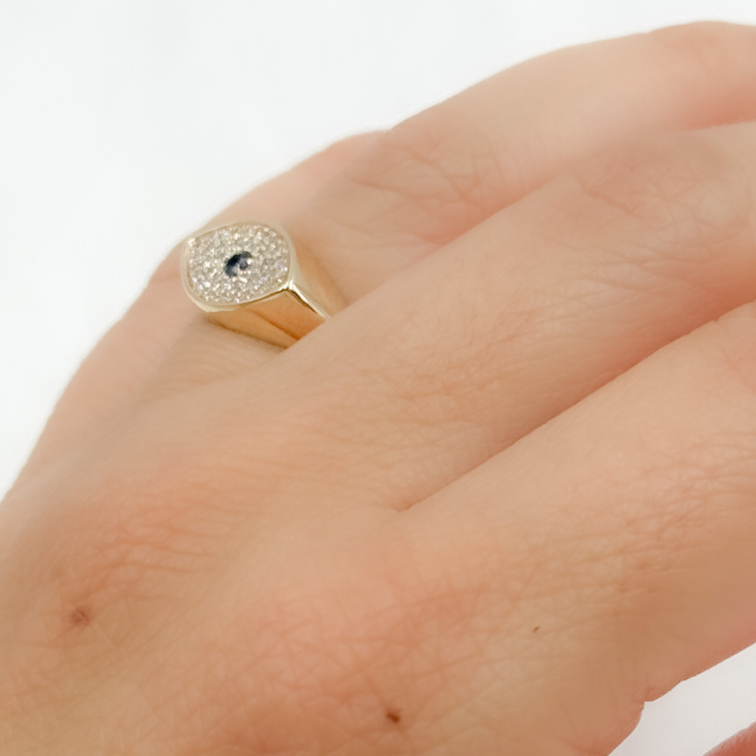 14k Solid Yellow Gold Diamond and Sapphire Evil Eye Ring.