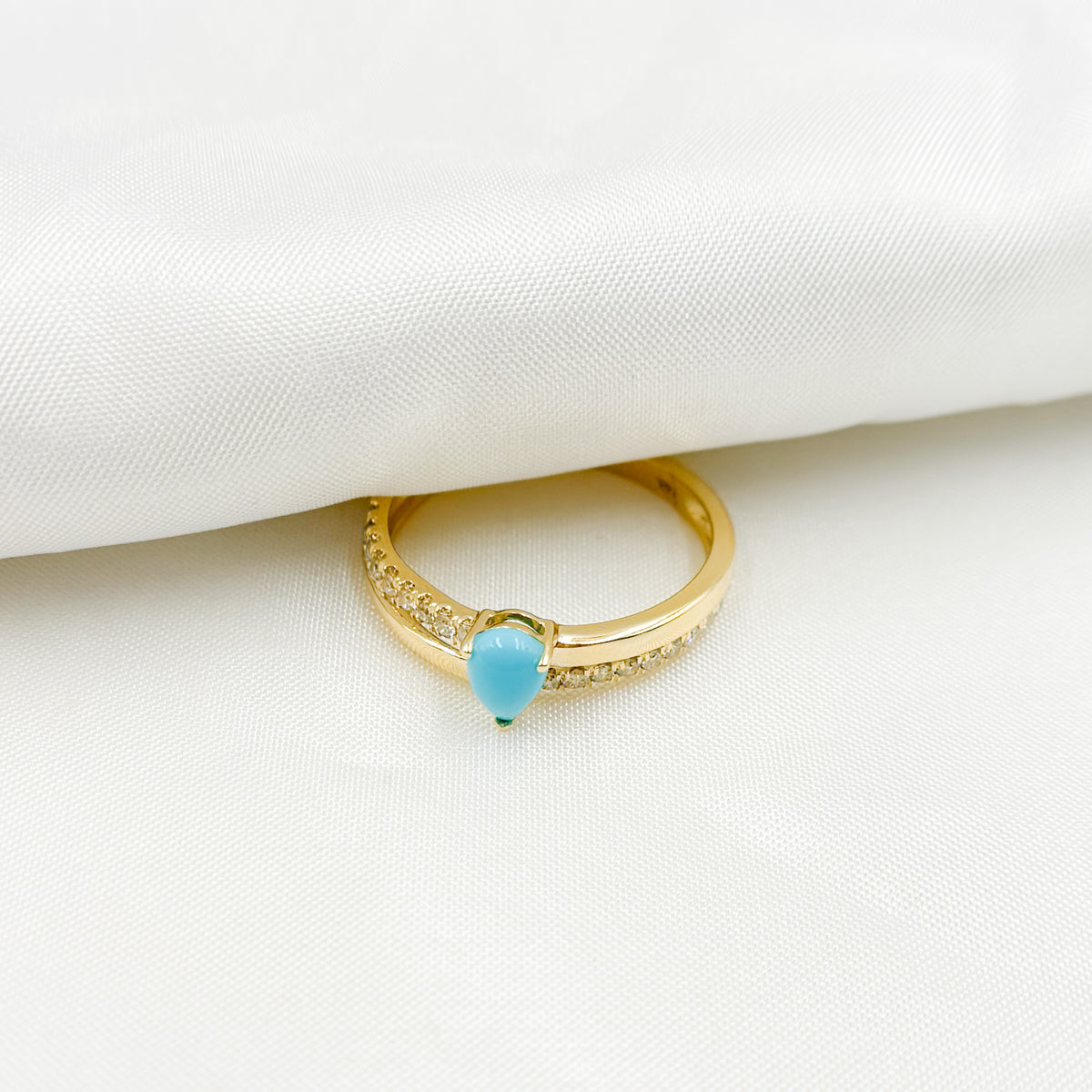 14K Solid Yellow Gold Diamond and Turquoise Double Line Drop Ring.