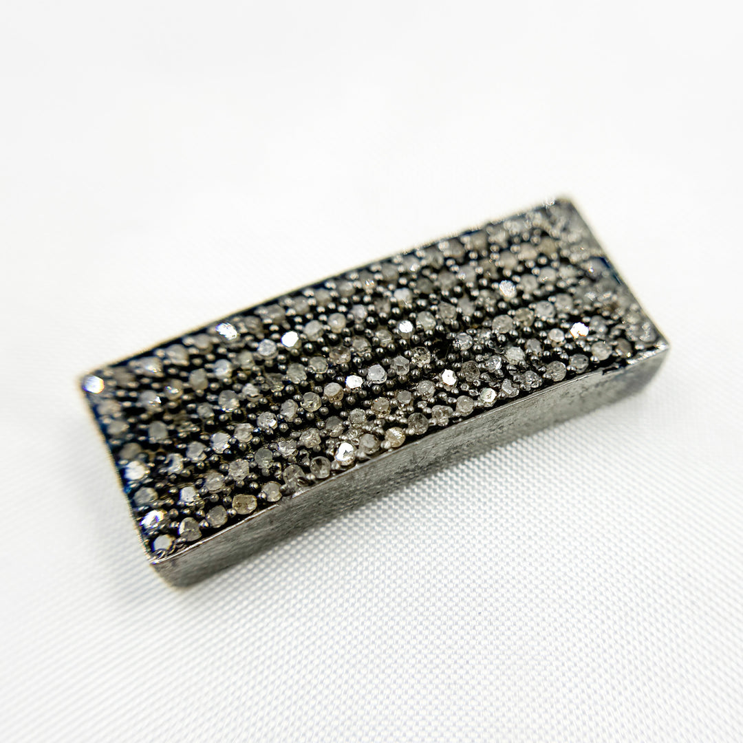 Pave Diamond & 925 Sterling Silver Black Rhodium Curved Long Rectangle Bead. DC953