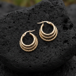 Load image into Gallery viewer, 15850007166. 14K Solid Gold Smooth and Textured Triple Line Hollow Hoop Earrings