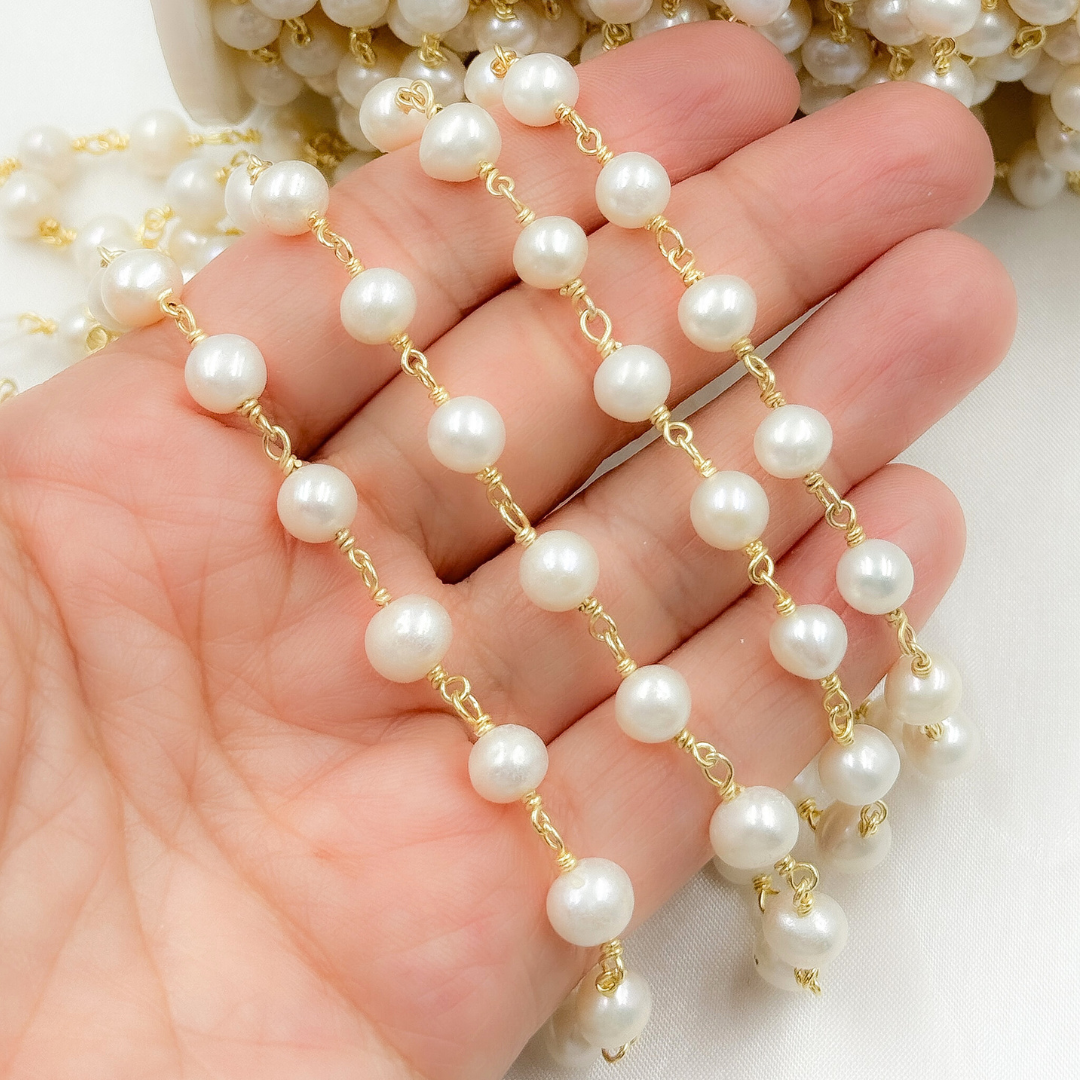Round White Freshwater Pearl Gold Plated Wire Wrap Chain. PRL21