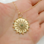 Load image into Gallery viewer, 14k Solid Gold Circle Diamond and Emerald Charm. GDP633