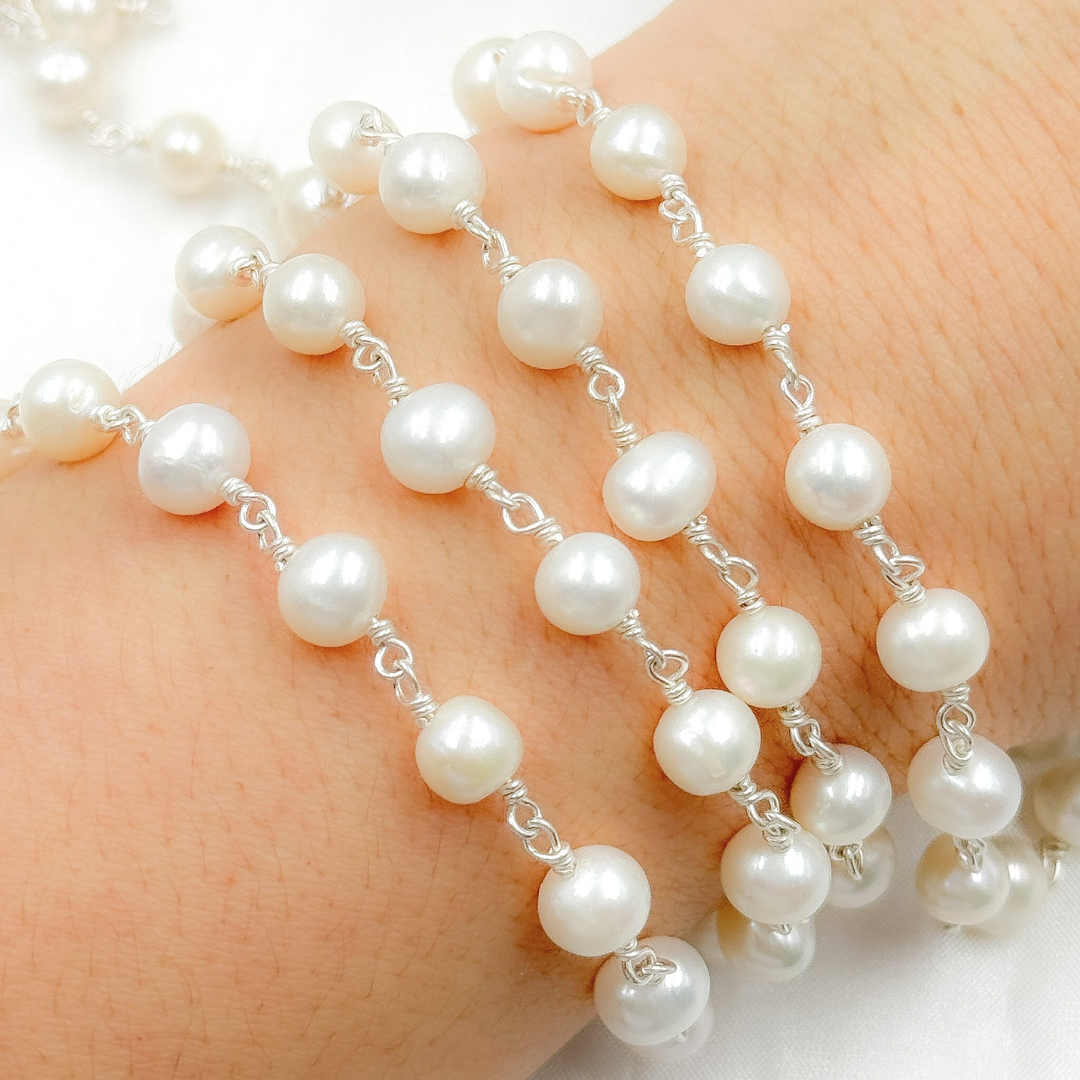 PRL57. White Pearl Round 925 Sterling Silver Wire Chain