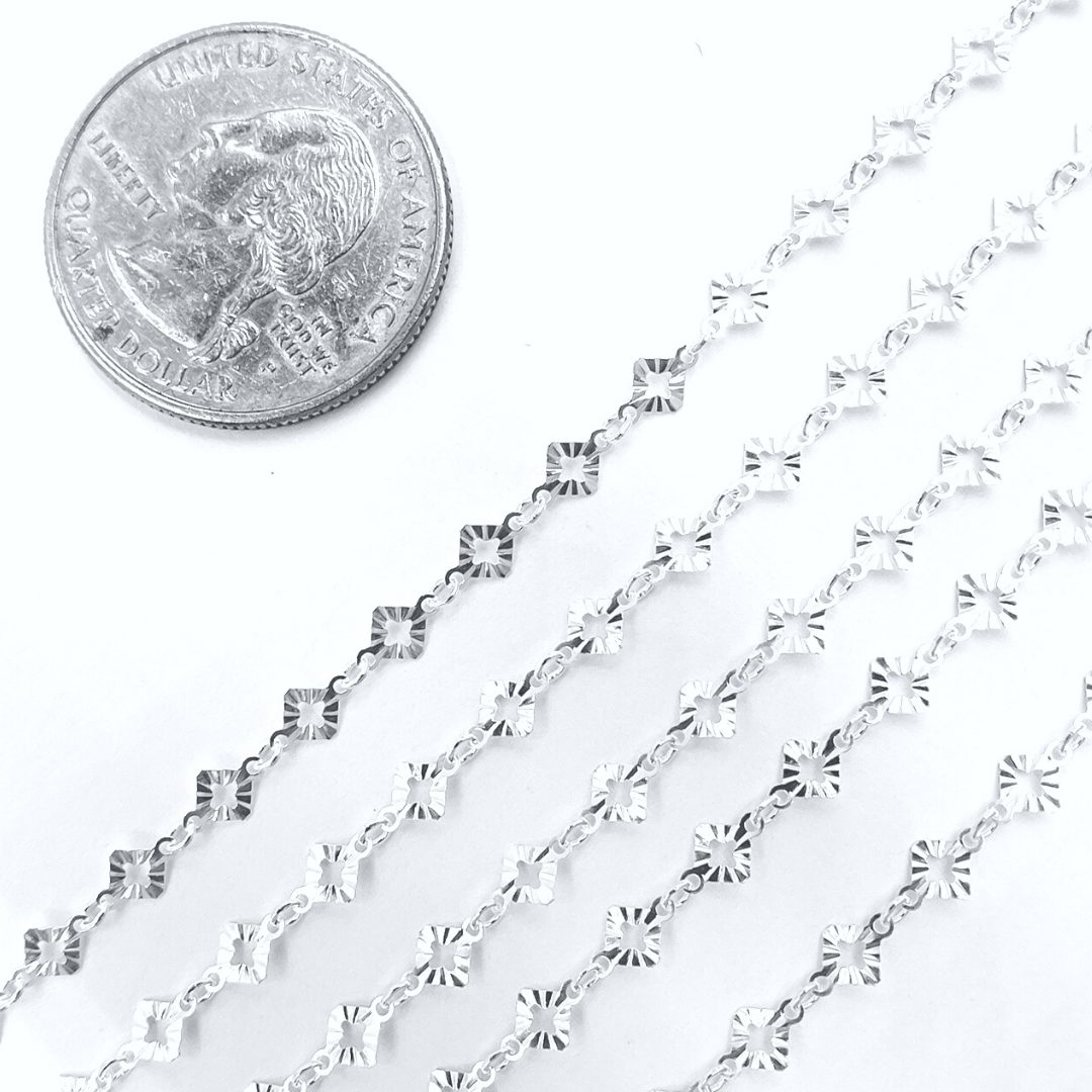 925 Sterling Silver Hammered Diamond Link Chain. V18DCSS
