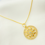 Load image into Gallery viewer, 14K Solid Gold with Diamonds Circle Charm with Sun in the Center. GDP214