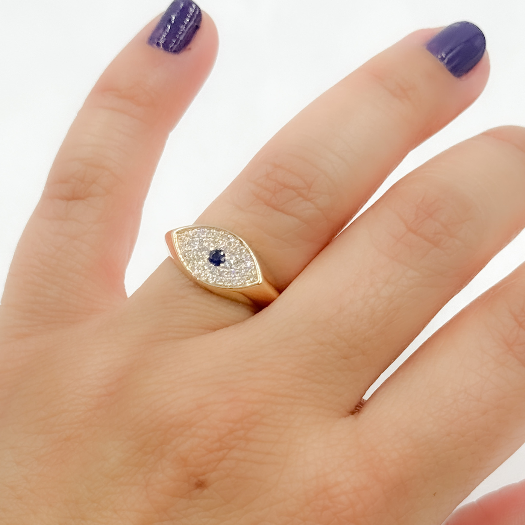 14k Solid Yellow Gold Diamond and Sapphire Evil Eye Ring.