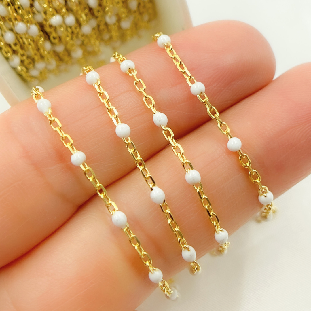 925 Sterling Silver Gold Plated Enamel White Color Cable Chain. V203WTGP