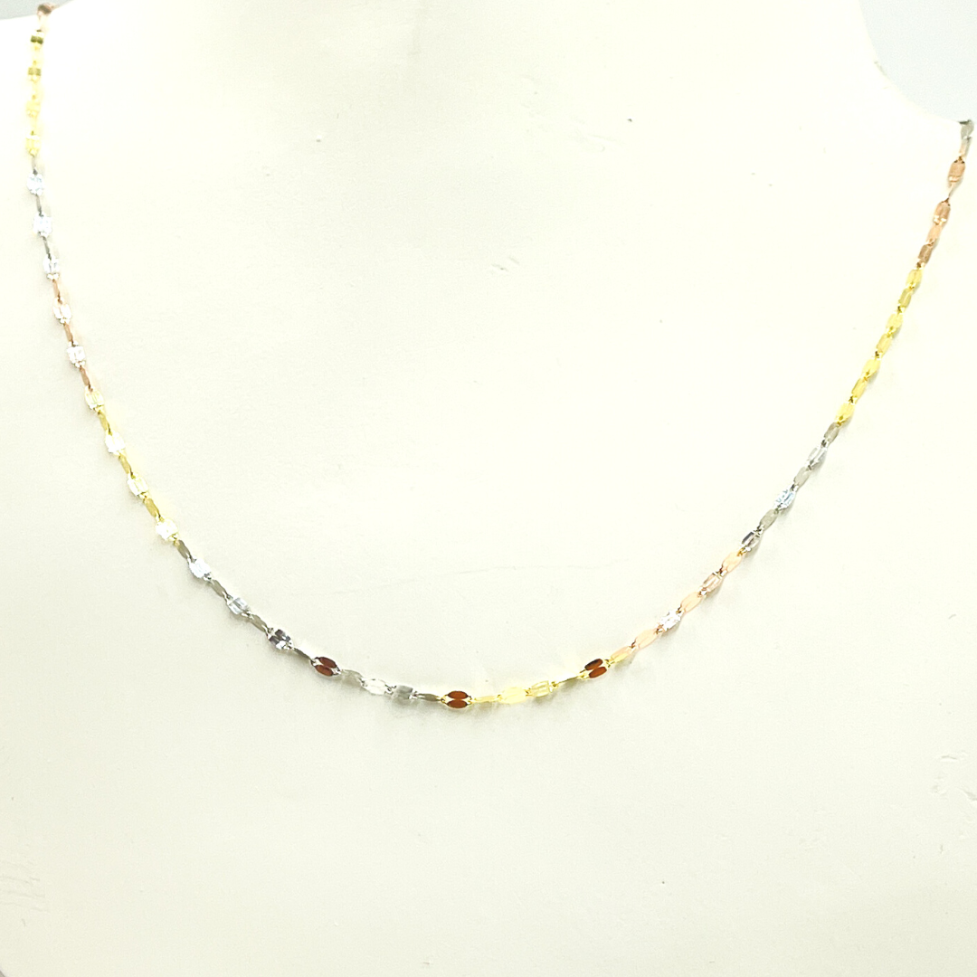 14K Solid Gold Tri-Color Flat Marina Chain