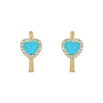 Load image into Gallery viewer, 14k Solid Gold Diamond and Turquoise Heart Hoops. CE96390TQ6
