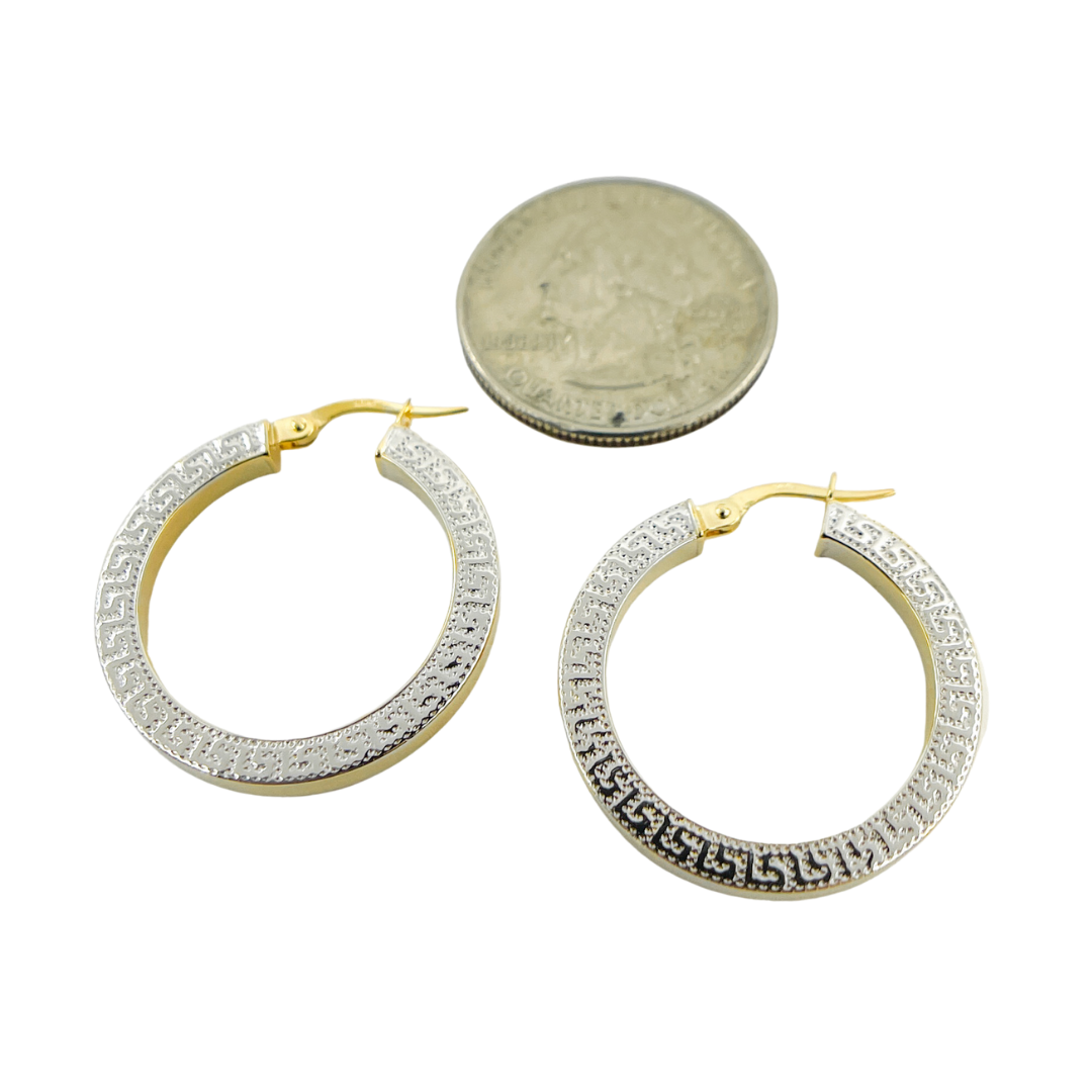 14K Gold and White Gold Earrings Round Shape Hoop with Texture. GER40