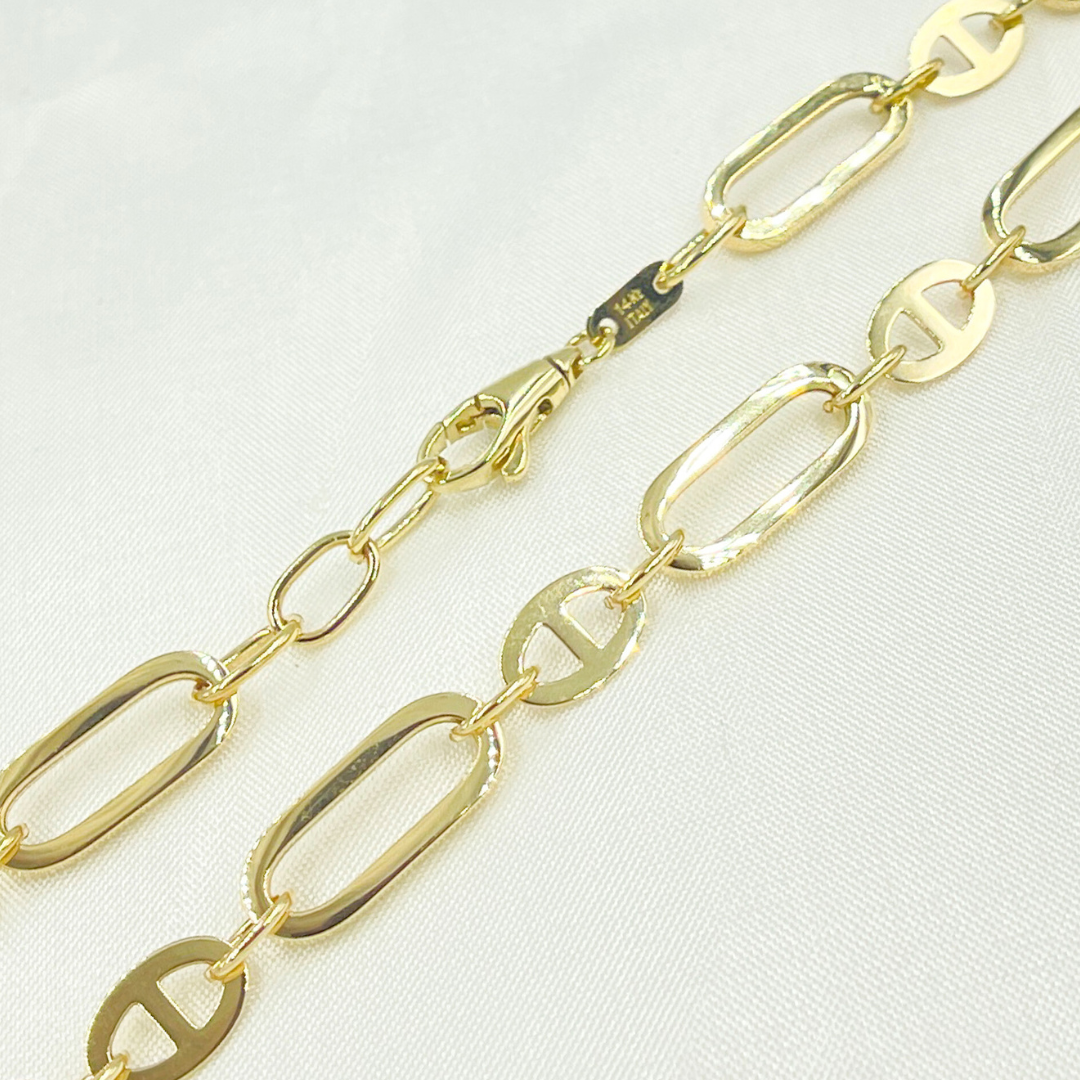 14K Solid Yellow Hollow Gold Flat Oval Link & Flat Marina Link Chain