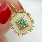 Load image into Gallery viewer, GDP656. 14k Solid Gold Diamond and Emerald Square Charm
