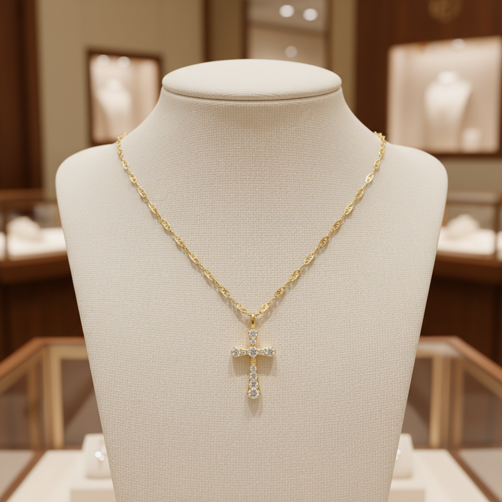 14K Solid Gold Cross Diamond Charm