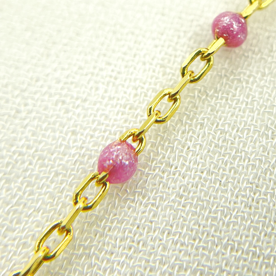 925 Sterling Silver Gold Plated Enamel Rose Color Cable Chain. V203RSGP