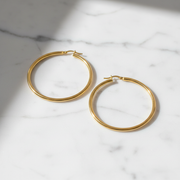 GER82. 14K Solid Gold Hollow Hoop Earrings