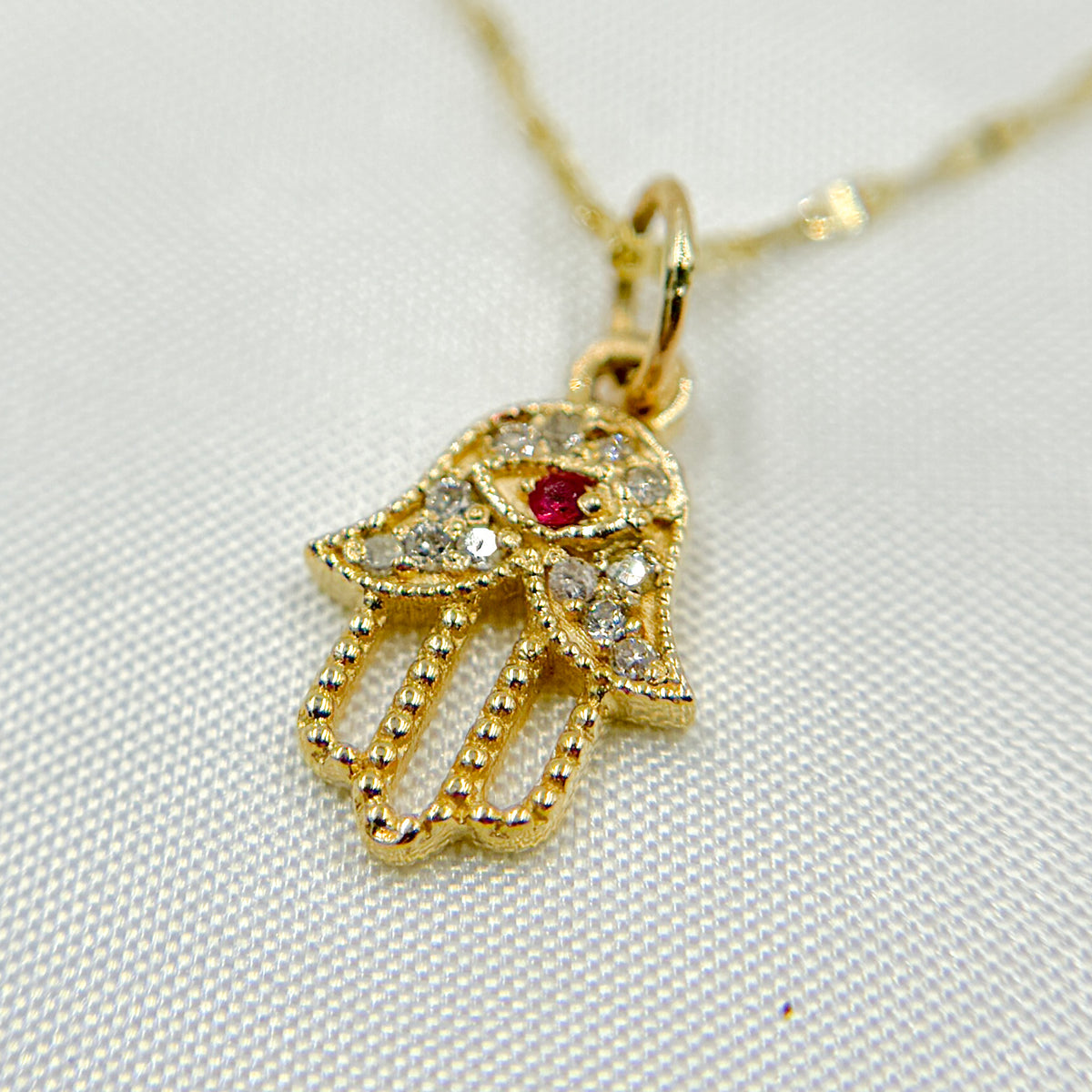 GDP389. 14K Solid Gold Diamond Hamsa Charm with Gemstone