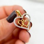Load image into Gallery viewer, 14K Solid Gold Diamond Heart Charm with Two Hearts in the Center. EJP1489