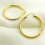 Load image into Gallery viewer, 14K Gold Tri-Color Hoop Earrings with Engraved Tornado Design