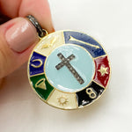 Load image into Gallery viewer, A collection of round cross enamel pendants with silver, gold, and black rhodium plating