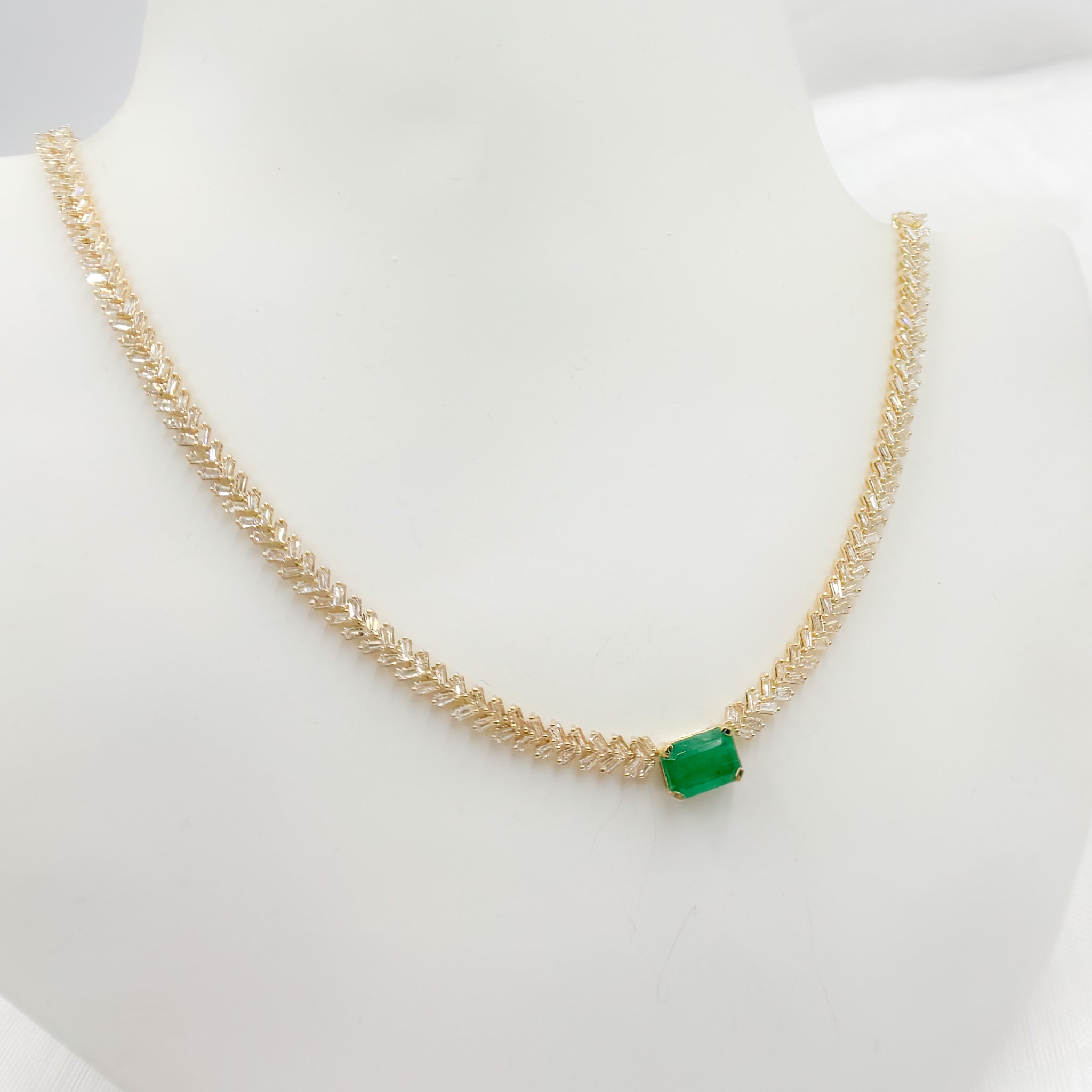 14K Solid Gold Baguette Diamond and Solitaire Emerald Necklace