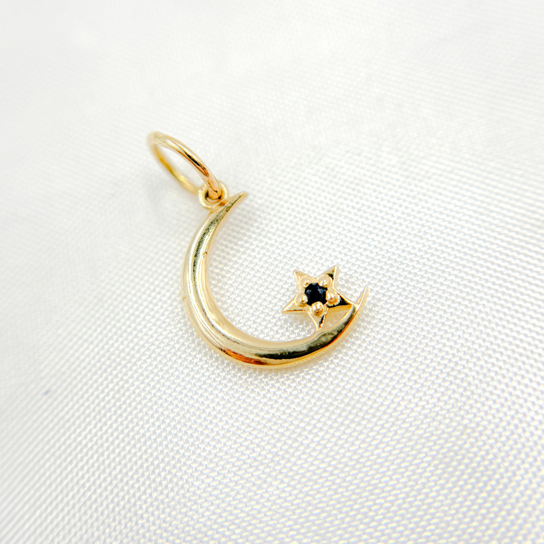 14K Solid Gold Moon & Star Charm with Gemstone