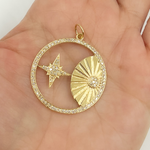 Load image into Gallery viewer, 14K Solid Gold Diamond Circle Charm with Sun and Star in the Center. GDP07
