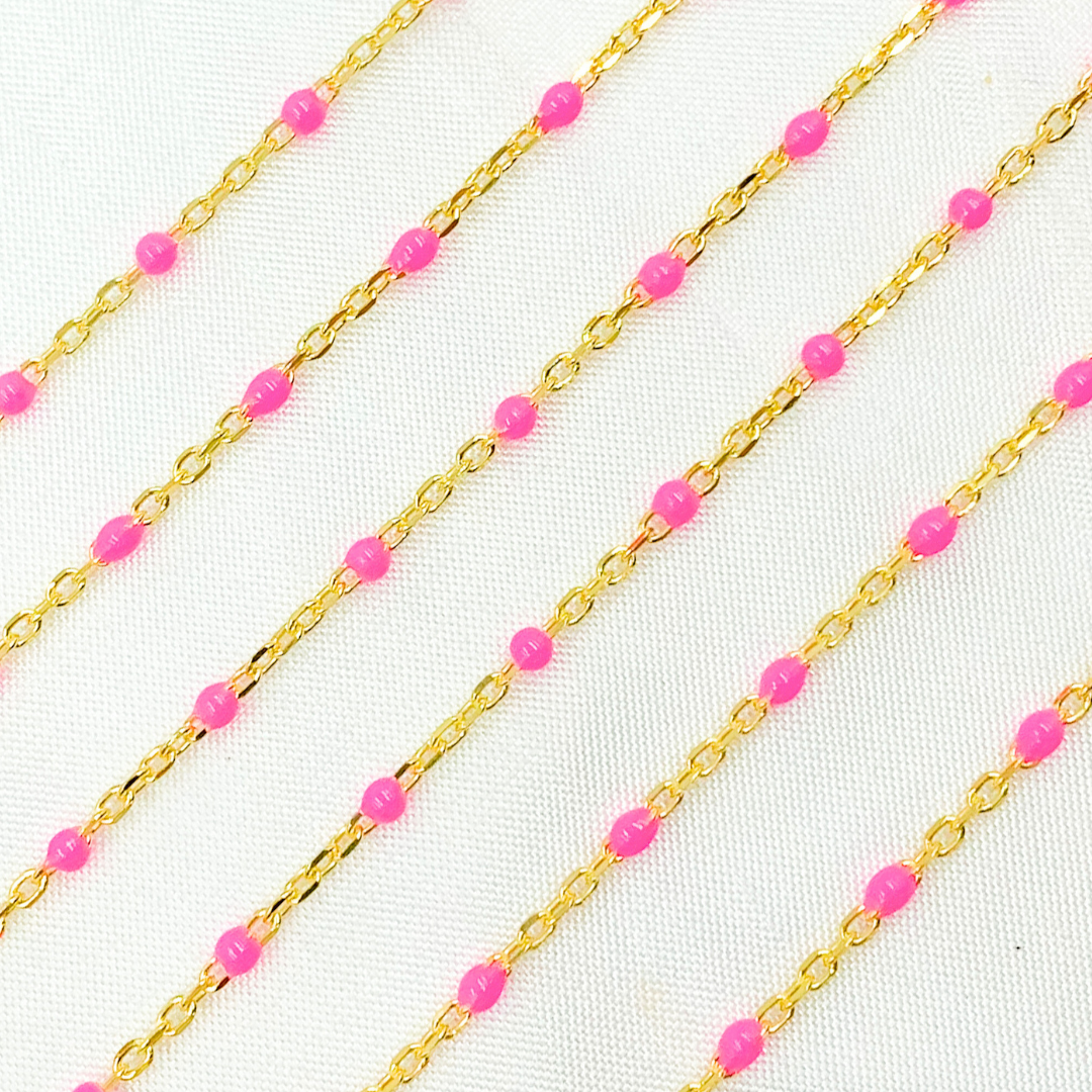 Gold Plated 925 Sterling Silver Enamel Pink Color Cable Chain. V203PKGP