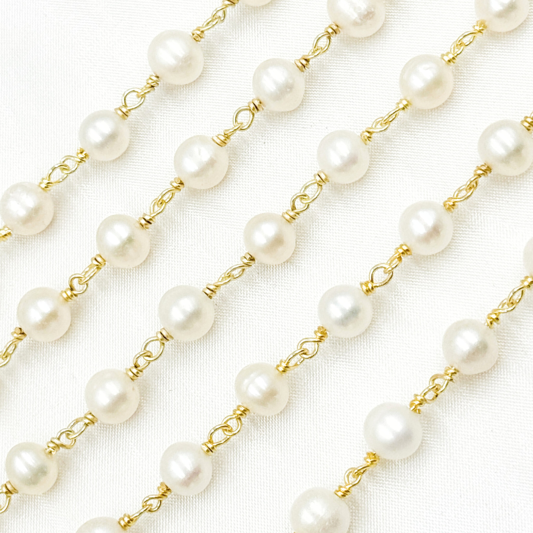 Round White Freshwater Pearl Gold Plated Wire Wrap Chain. PRL21