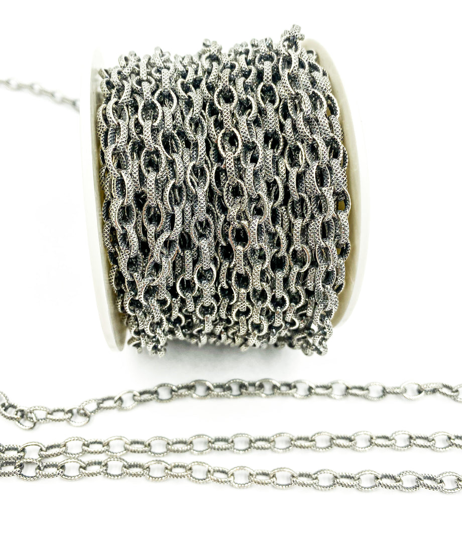 Oxidized 925 Sterling Silver Textured 7x5mm Oval Link Chain. V25OX