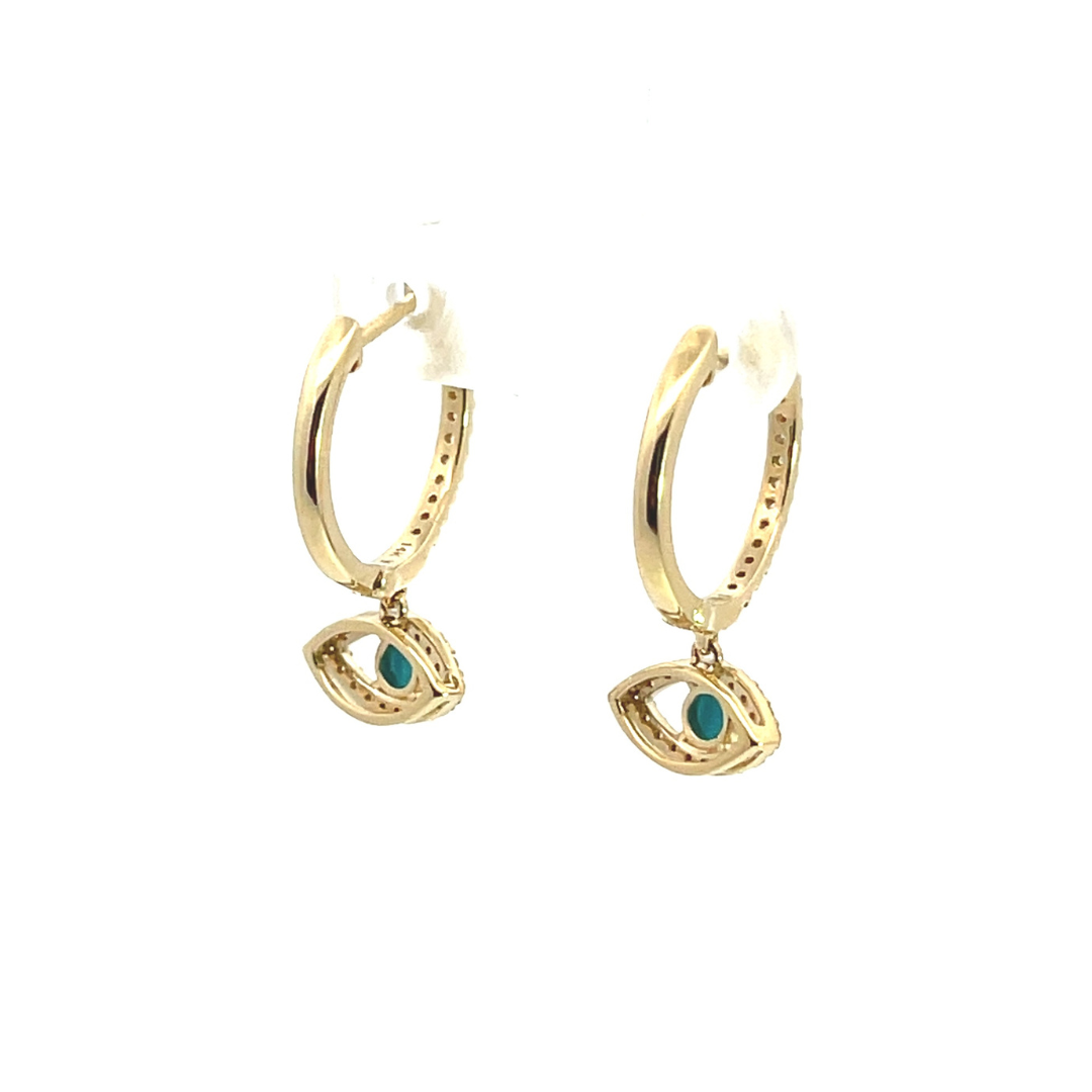 EHG56978TQY. 14k Solid Gold Diamond & Turquoise Eye Hoops
