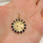 Load image into Gallery viewer, 14K Solid Gold Diamond and Gemstone Round Charm with Moon and Stars in the Center. GDP600