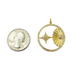 Load image into Gallery viewer, 14K Solid Gold Diamond Circle Charm with Sun and Star in the Center. GDP07