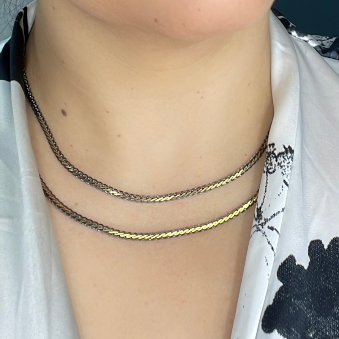 Shop Now Black Rhodium Sterling Silver and Gold Plated Flat Wheat Necklace