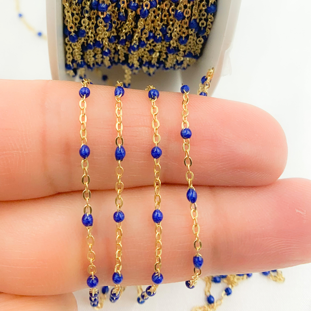 14K Solid Yellow Gold Enamel Navy Blue Color Cable Chain