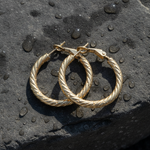 Load image into Gallery viewer, 15850019965. 14K Solid Gold Fancy Ribbed Hollow Hoop Earrings