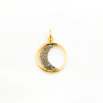 Load image into Gallery viewer, A selection of round moon charms in different finishes: silver with black rhodium, gold plated, and rose gold plated, each featuring a patterned interior.