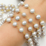 Load image into Gallery viewer, Grey Pearl Round Gold Plated 925 Sterling Silver Wire Chain. PRL47