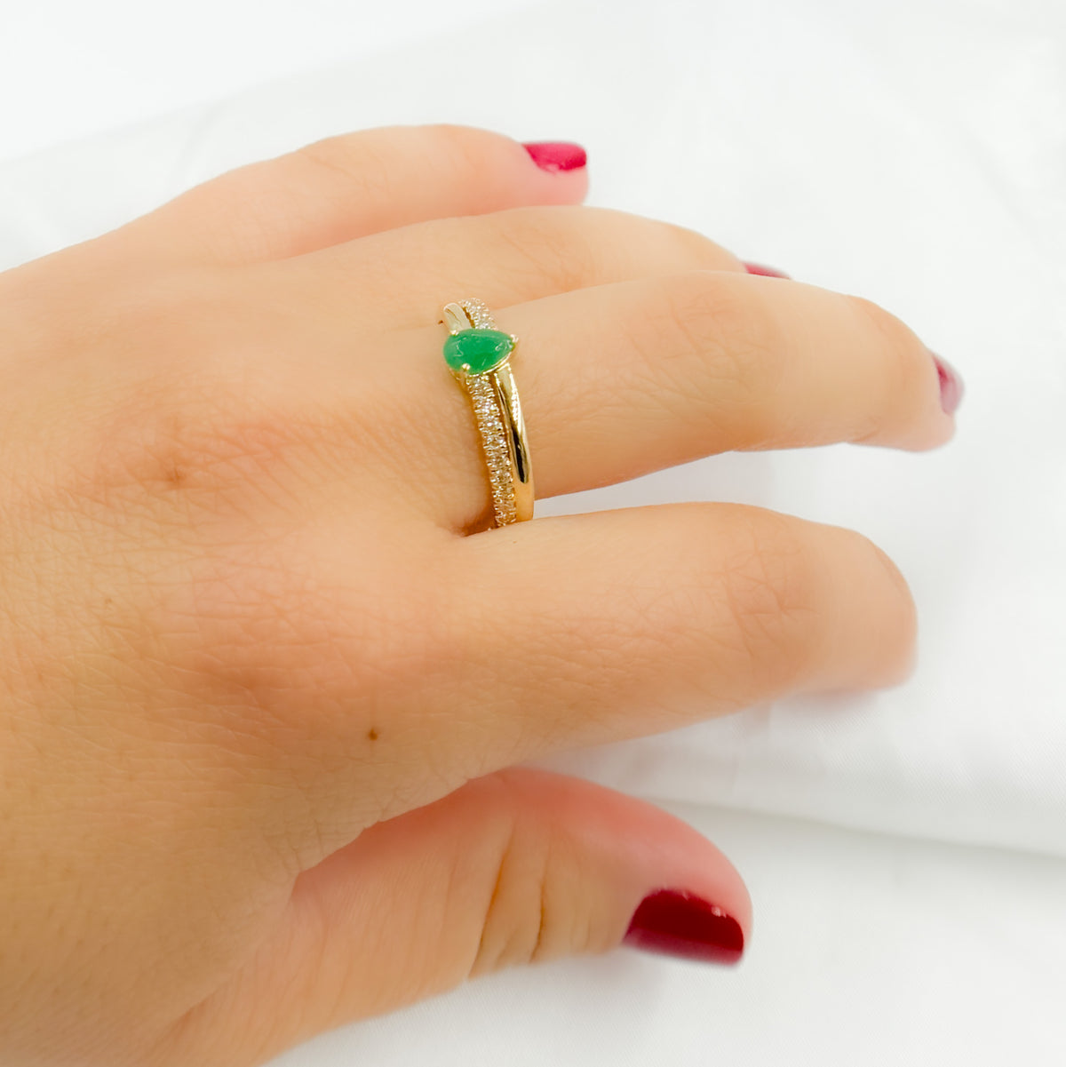 14K Solid Yellow Gold Diamond and Emerald Double Line Drop Ring.