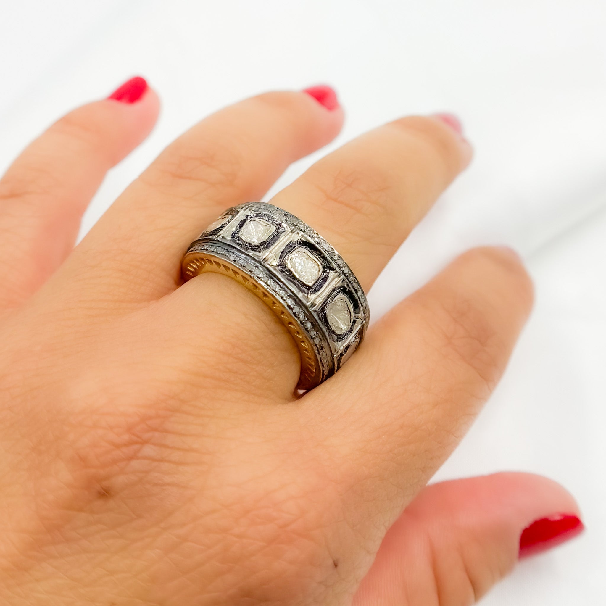 Diamond Two-Tone Sterling Silver Ring with Polki Diamond
