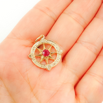 Load image into Gallery viewer, 14K Solid Gold Compass Circle Charm available in Emerald & Ruby. KG108