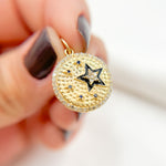 Load image into Gallery viewer, KG236. 14k Solid Gold Circle Charm with Diamonds, Gemstones, and Enamel with Stars