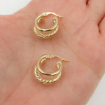 Load image into Gallery viewer, Buy 14K Solid Gold Smooth and Textured Triple Line Hollow Hoop Earring