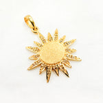 Load image into Gallery viewer, sun-shaped pendants, one with black rhodium plating and the other with gold plating, along with a rose gold plated version shown separately.