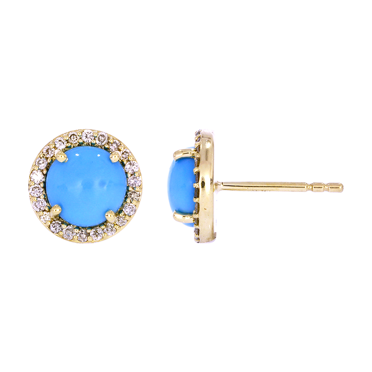 EFD53654TQ. 14K Solid Yellow Gold Diamond and Turquoise Round Stud Earring